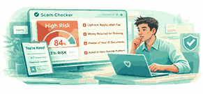 scam checker reviewing a suspicious job offer for scam signals