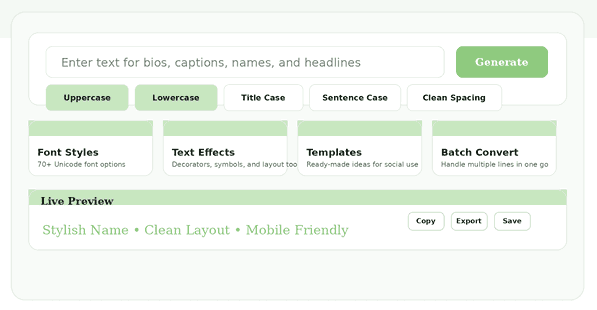Main Fancy Text Generator interface with text input, feature cards, and generate button
