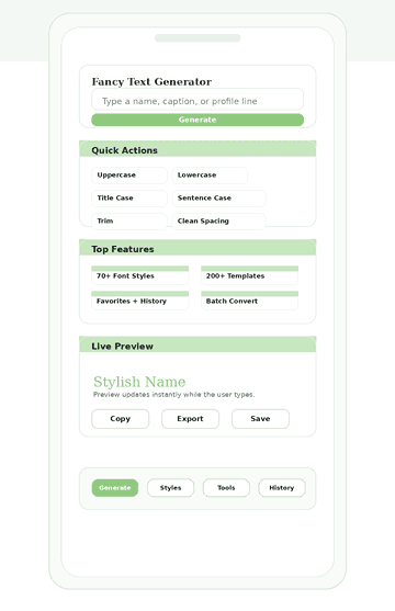 Fancy Text Generator preview section showing stylish text output and clean layout