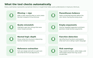 Excel Formula Breakdown Tool features for formula checks, function details, reference tracking, and error review