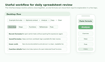 Excel Formula Breakdown Tool in use for understanding formulas, fixing issues, and reviewing calculation steps