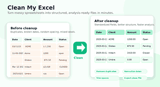 Clean my excel tool turning a messy spreadsheet into a clean structured file.