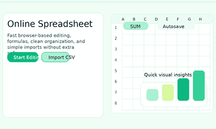 Modern online spreadsheet dashboard in a browser with formula, import, export, and analytics elements.