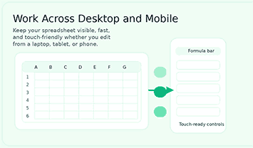 Online spreadsheet interface shown across desktop and mobile screens with touch-friendly editing controls.