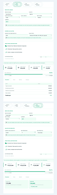 Reverse salary and hike simulator showing net to gross estimate, salary increase comparison, and updated pay summary