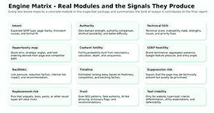 SEO Never Rank Diagnosis dashboard showing score, issues, and optimization recommendations