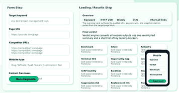 SEO Never Rank Diagnosis tool input form for website URL and keyword analysis