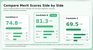 Merit calculator compare mode showing side-by-side candidate scores, ranking summary, and performance breakdown