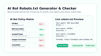 AI Bot Robots.txt Generator dashboard with crawler policy matrix and live robots.txt preview
