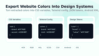 Export website colors into CSS variables, Tailwind, and design tokens.