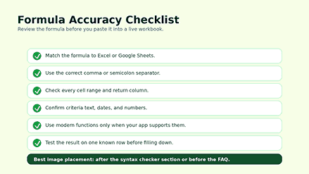 Excel formula accuracy checklist for app type, separators, ranges, and criteria