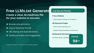 Free LLMs.txt Generator interface preview with AI-ready score