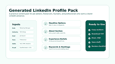 LinkedIn profile content pack showing headline options, About section, experience bullets, keywords, and save or export actions.