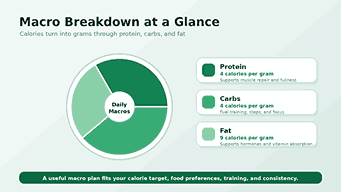 Macro breakdown plate showing protein, carbs, and fat with calories per gram.