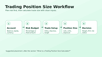 Trading position size workflow showing account, risk, setup, size, and decision steps