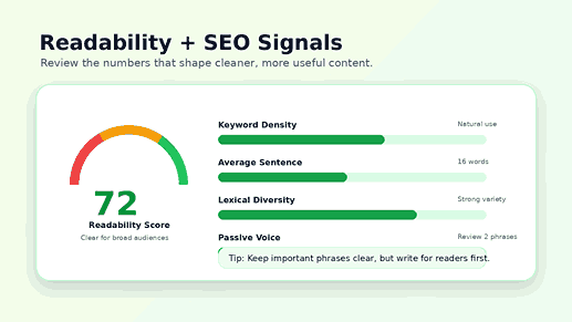 Readability and keyword density report for a digital text analyzer online.
