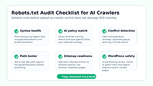 Robots.txt audit checklist for AI crawlers showing syntax health, policy match, conflict detection, path tester, sitemap readiness, and WordPress safety