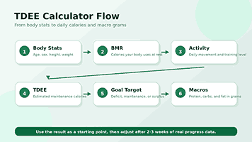 TDEE calculator flow from body stats to BMR, activity, daily calories, goal calories, and macronutrients.