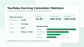 YouTube earning calculator Pakistan dashboard showing PKR and USD income estimate