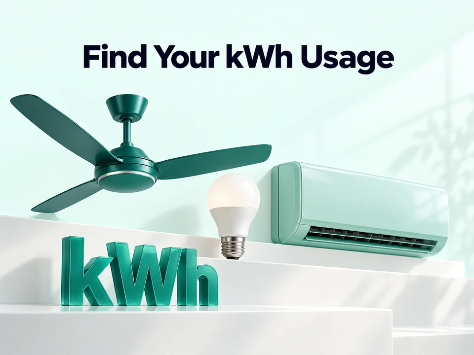 Ceiling fan LED bulb and air conditioner illustrating appliance kWh usage