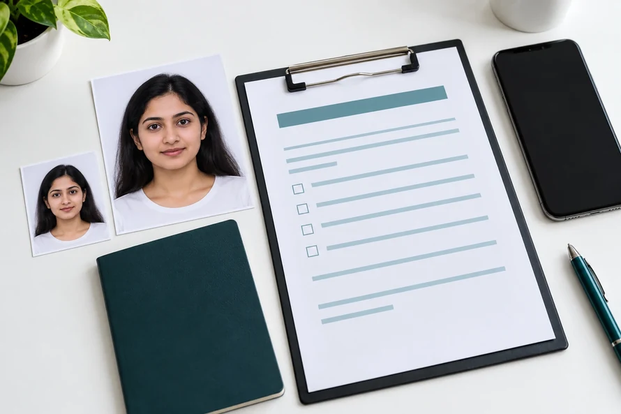 Document portrait beside an application clipboard, phone, and differently sized photo cards.