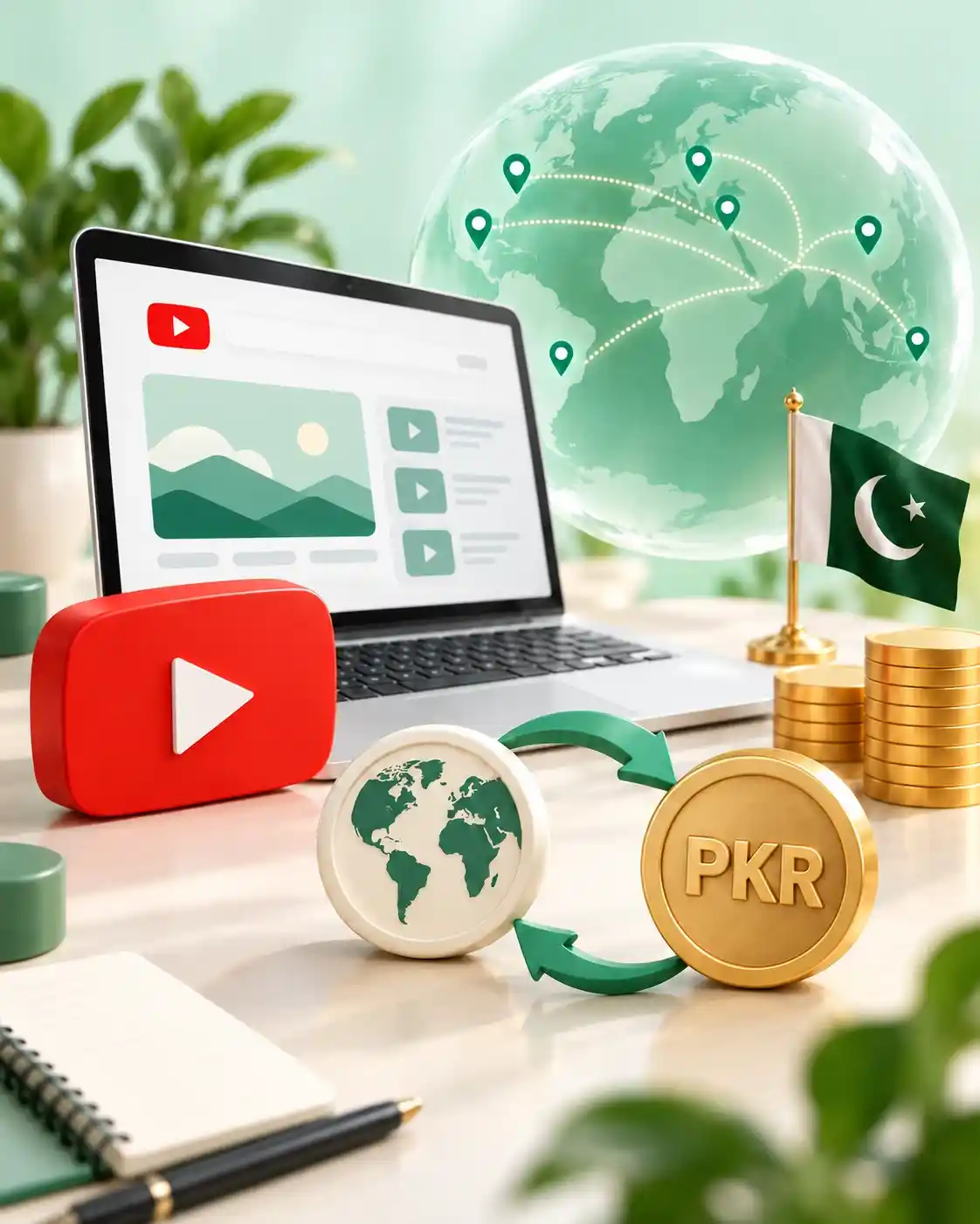 Globe, Pakistan flag and PKR exchange token illustrating audience location and currency