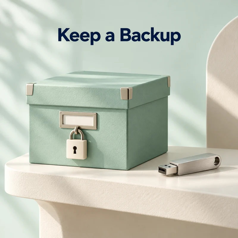 Closed mint archive box with a small padlock and a USB drive.