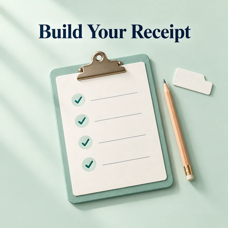 Mint clipboard with four checkmarks beside a pencil.