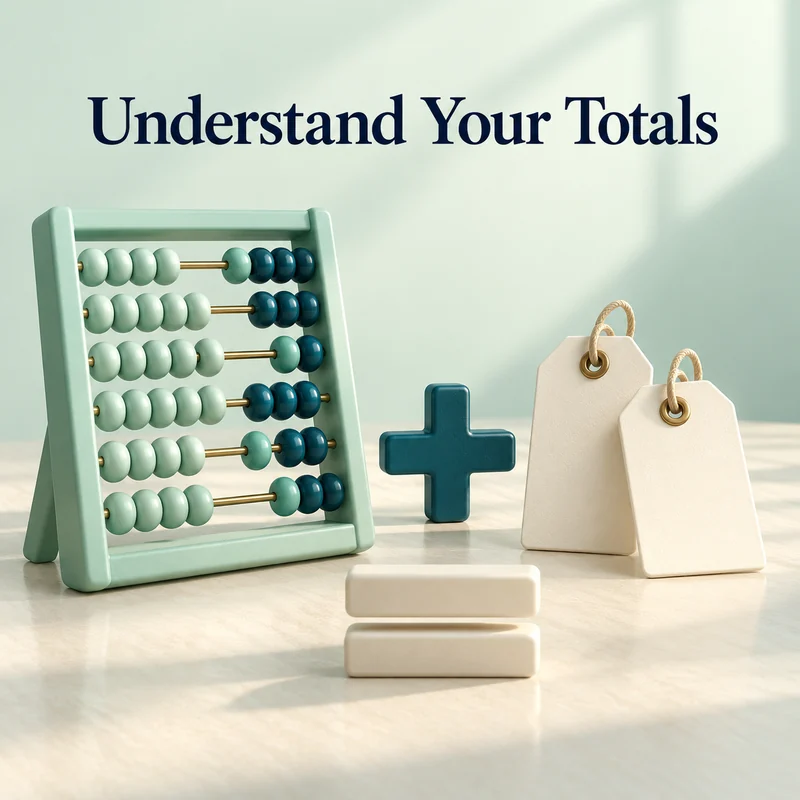 Mint abacus and blank product tags beside addition and equals symbols.