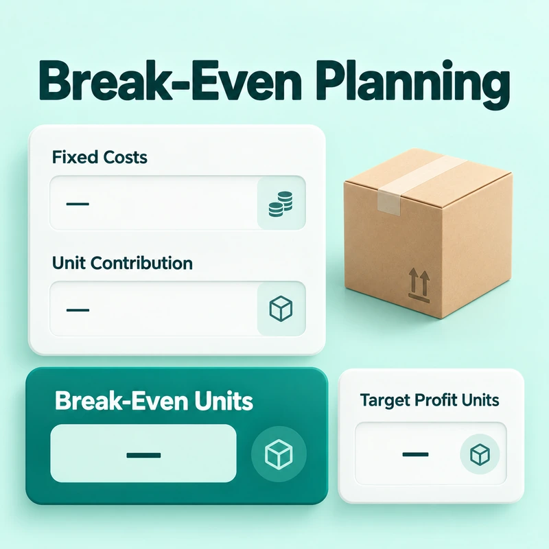 Break-even calculator concept with fixed costs, unit contribution, and sales-quantity results.