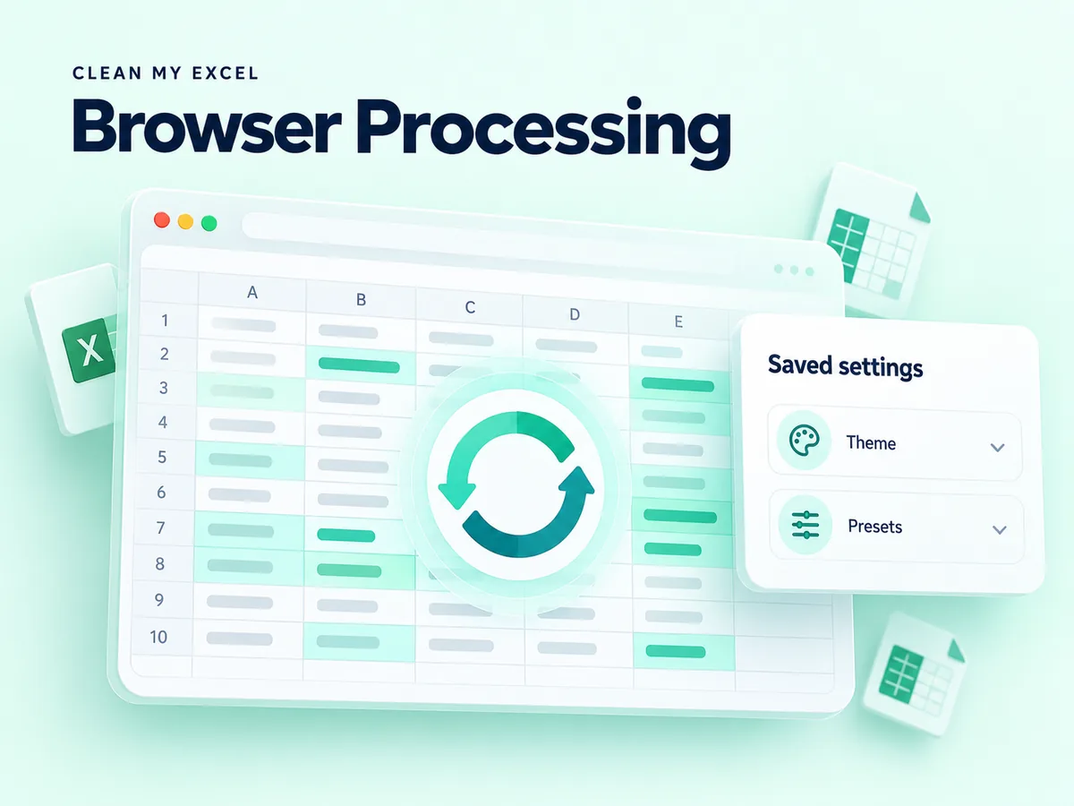 Browser worksheet card with local processing and saved settings labels.