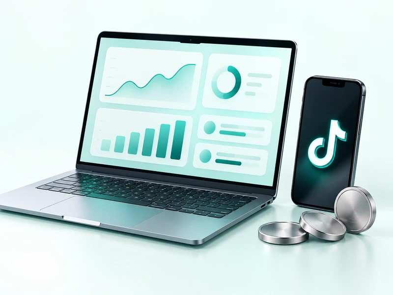 Laptop with abstract mint panels beside a music note phone and silver coins