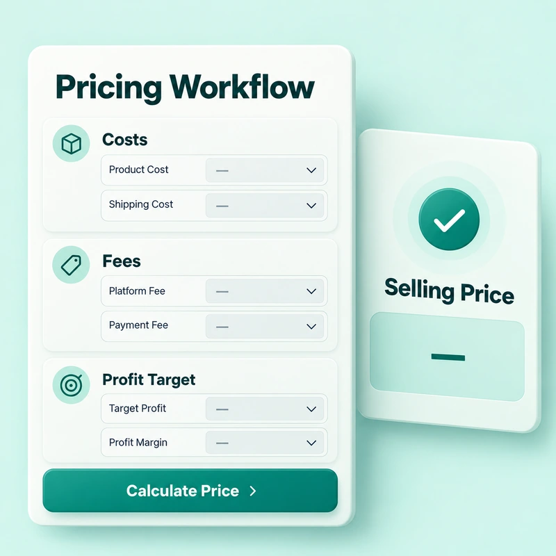A guided pricing form with cost, fee, and profit inputs, a Calculate Price button, and a selling-price result.