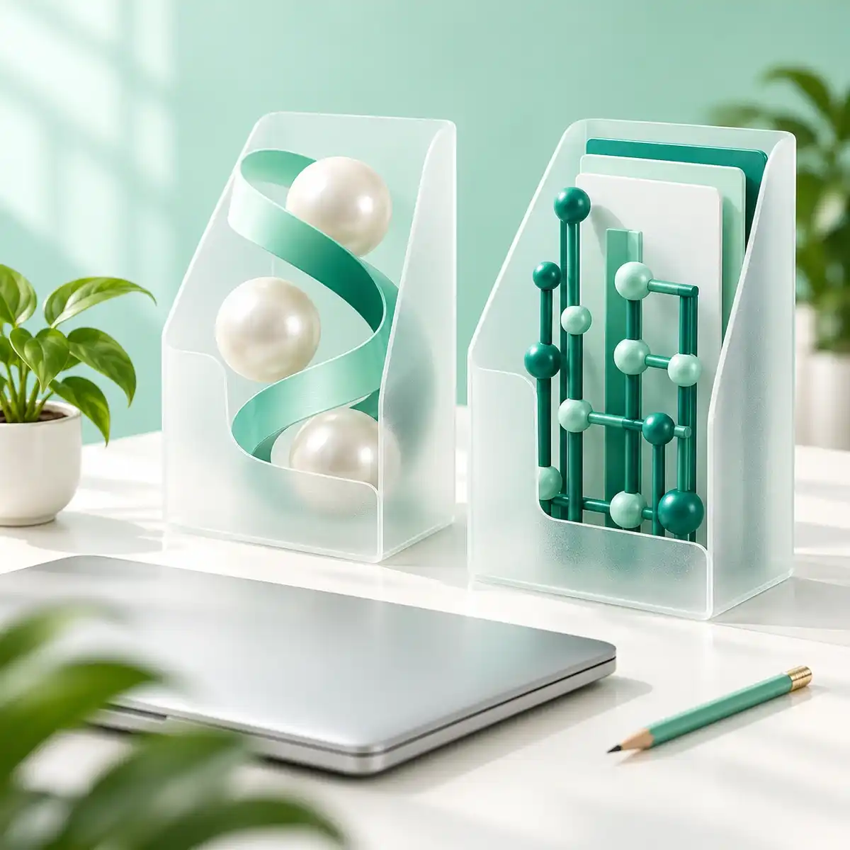 Two frosted folders holding a curved ribbon with spheres and connected teal rods on a study desk.