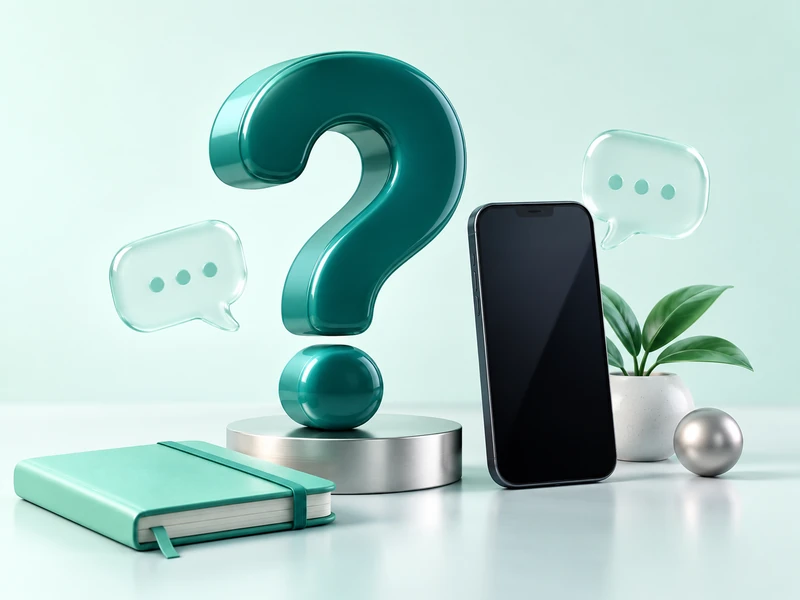 Teal question mark beside a phone, notebook and glass speech bubbles