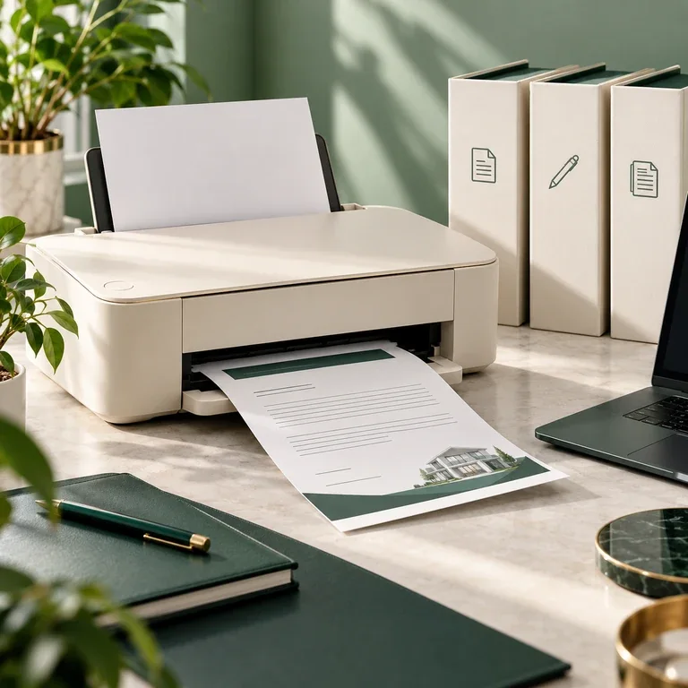 Rental documents beside a printer, laptop, and blank file cards representing text, Word, and PDF outputs.