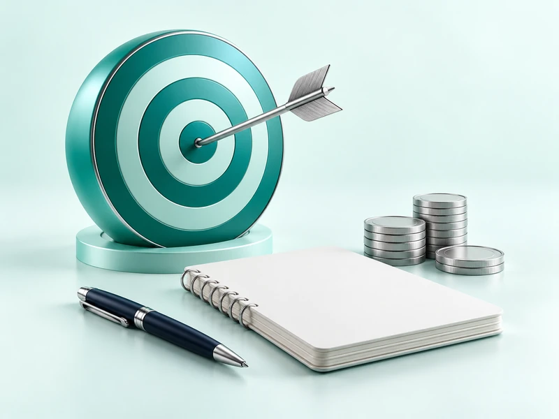 Teal target, notebook, pen and coin stacks on a mint surface