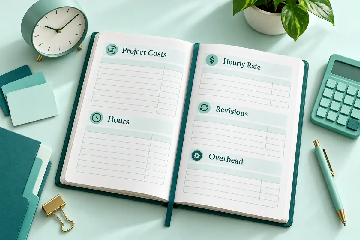 The freelance project cost workbook is labeled Hours, Hourly Rate, Revisions, and Overhead.