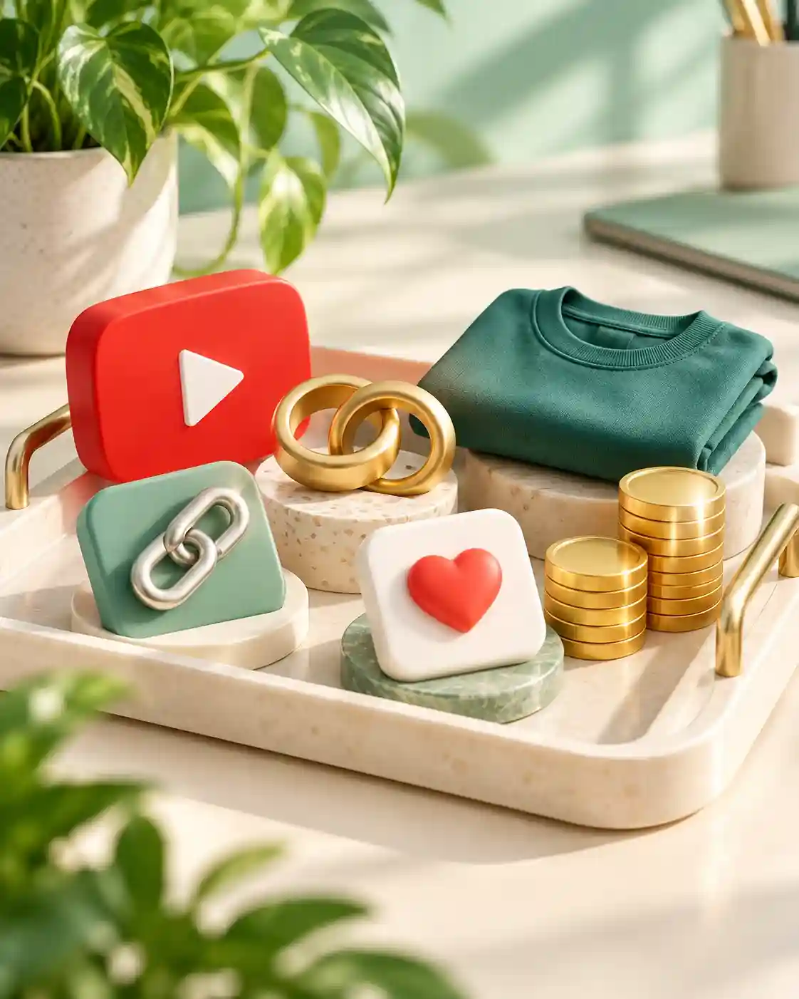 Video, partnership, affiliate, fan support, and merchandise symbols on an ivory tray