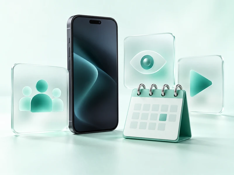 Phone, desk calendar and glass panels with audience, view and play icons
