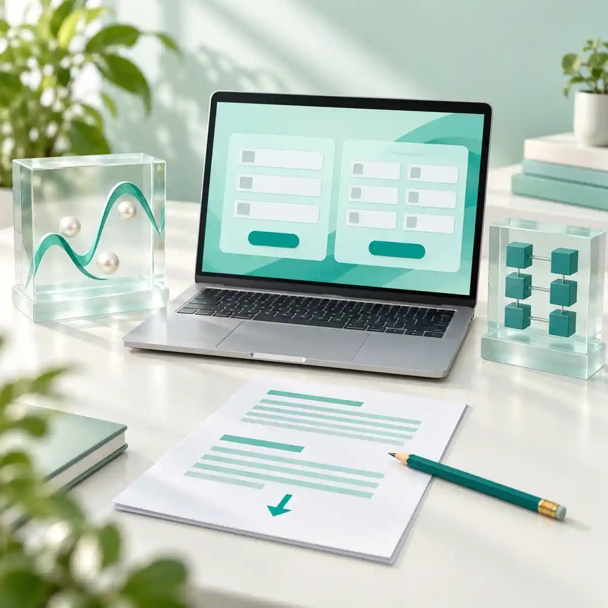 Mint and teal illustration of a laptop equation solver with cubic root models, linear system blocks and a result report.