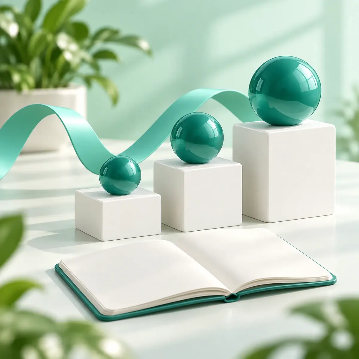 Three teal spheres on white pedestals beside an open notebook and a curved mint ribbon.