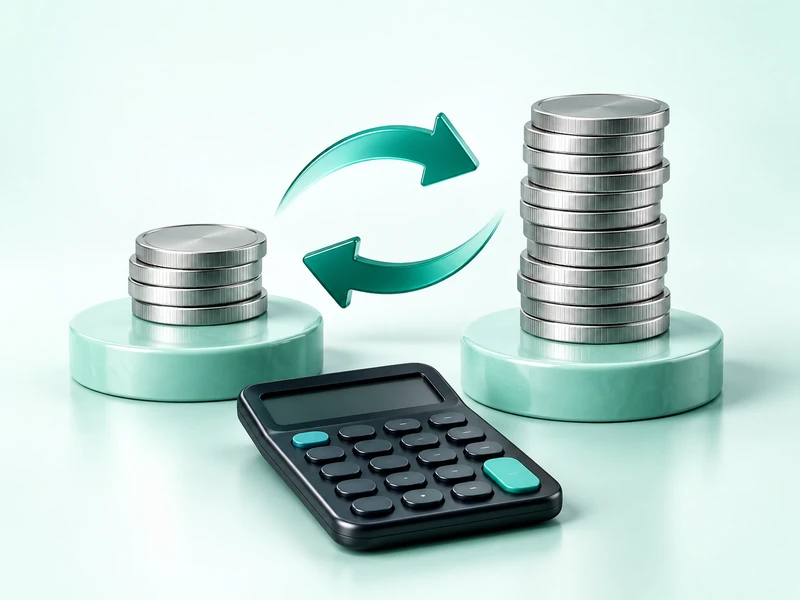 Silver coin stacks connected by teal arrows beside a calculator