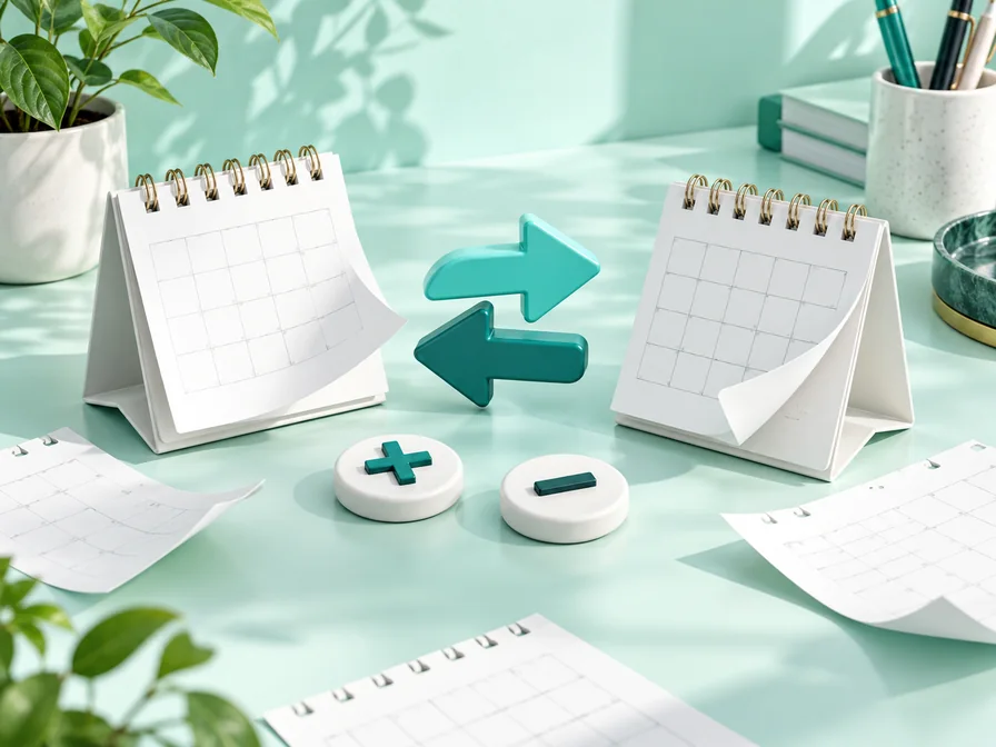 Two desk calendars with forward and backward arrows and plus and minus tokens.
