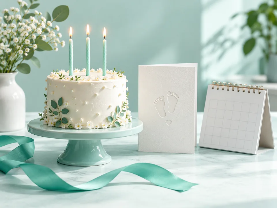 Birthday cake with mint candles beside a birth-date card and calendar.