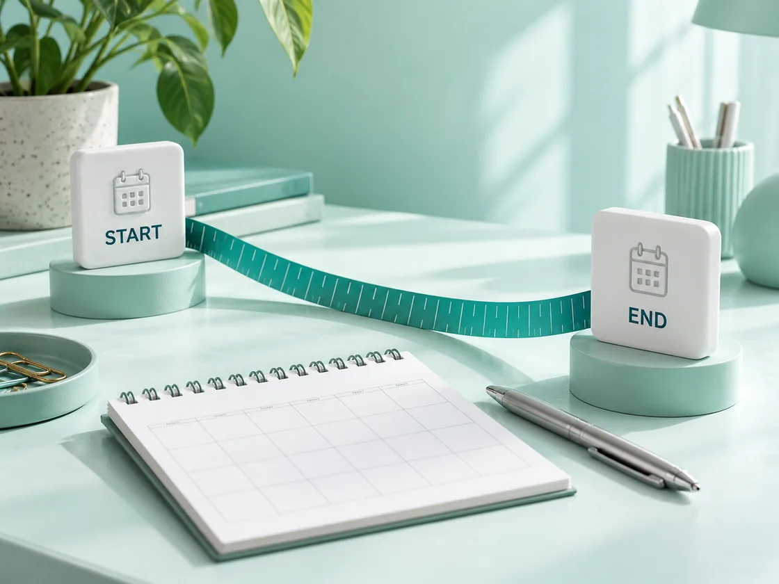 Start and end calendar tiles connected by a teal measuring ribbon.