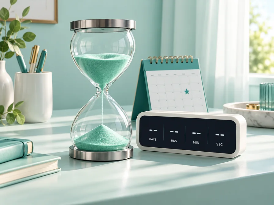 Mint hourglass and small countdown display beside an event calendar card.