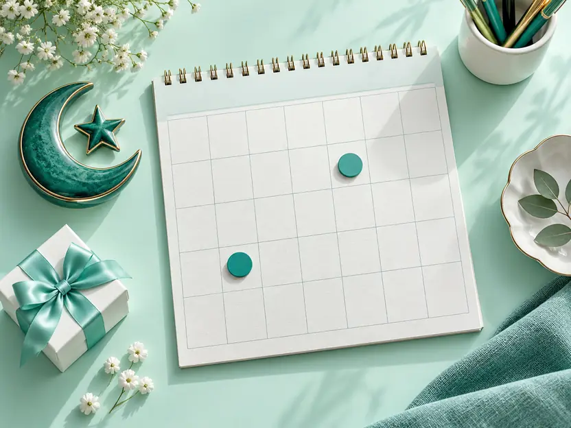 Paper calendar with removable teal holiday markers, a crescent keepsake, and a gift box.