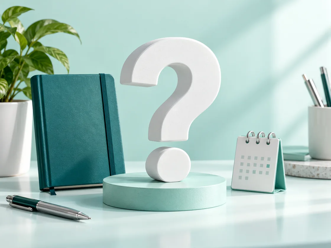 White question-mark sculpture beside a mint calendar and a small help notebook.