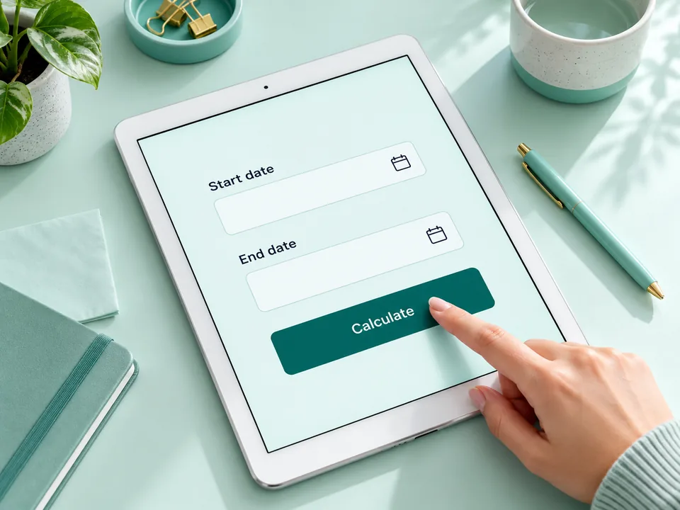 Tablet showing start date, end date, and calculate controls on a mint desk.